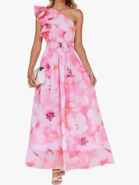 Women’s Pink Floral One-Shoulder Midi Dress NWT